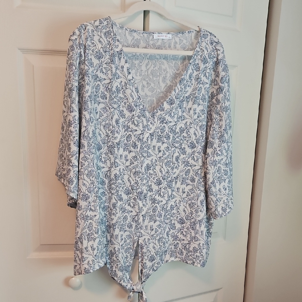 Chic Blue 3/4 Sleeve Blouse with Tie Front